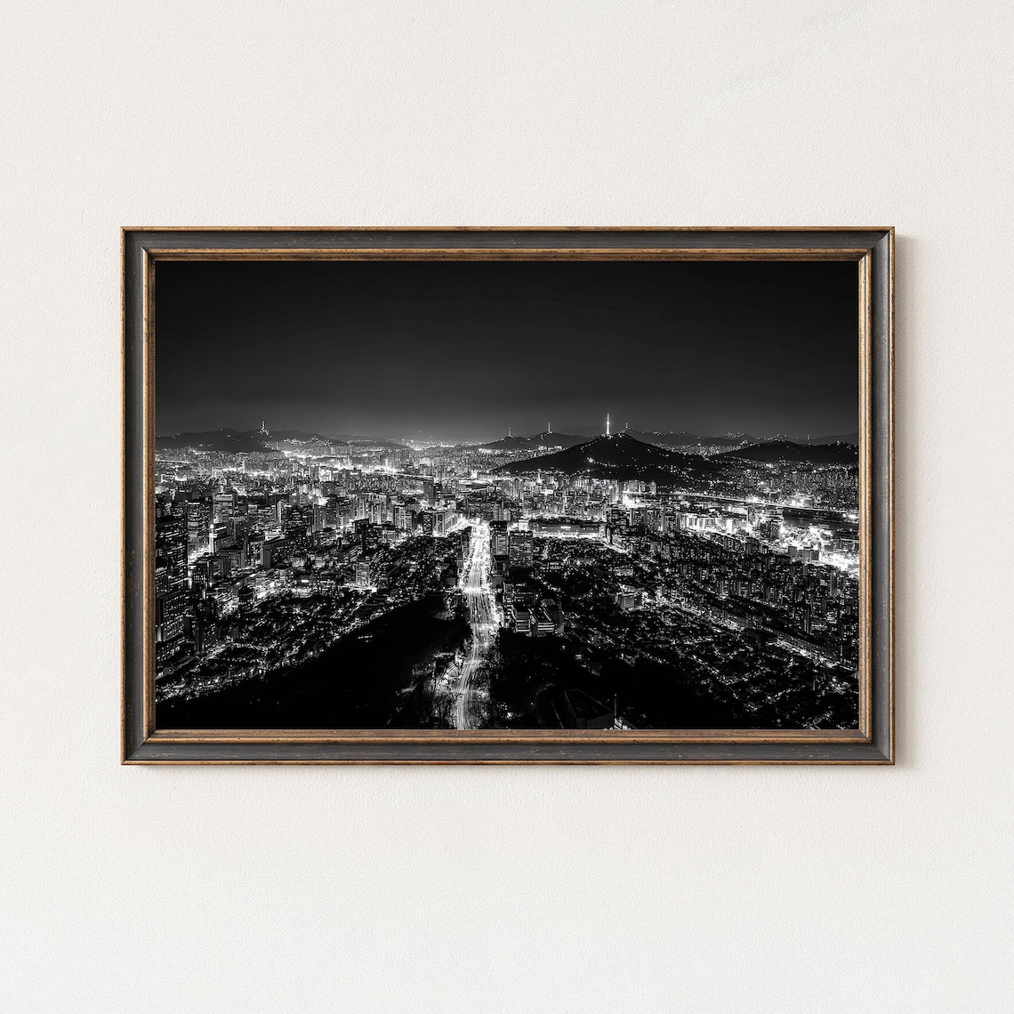 Black and White Night City Panorama Hilltop Aerial Skyline Poster