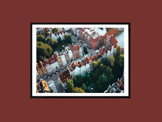 Gdansk Poland Aerial View of Old Town Red Roofs Riverfront Print