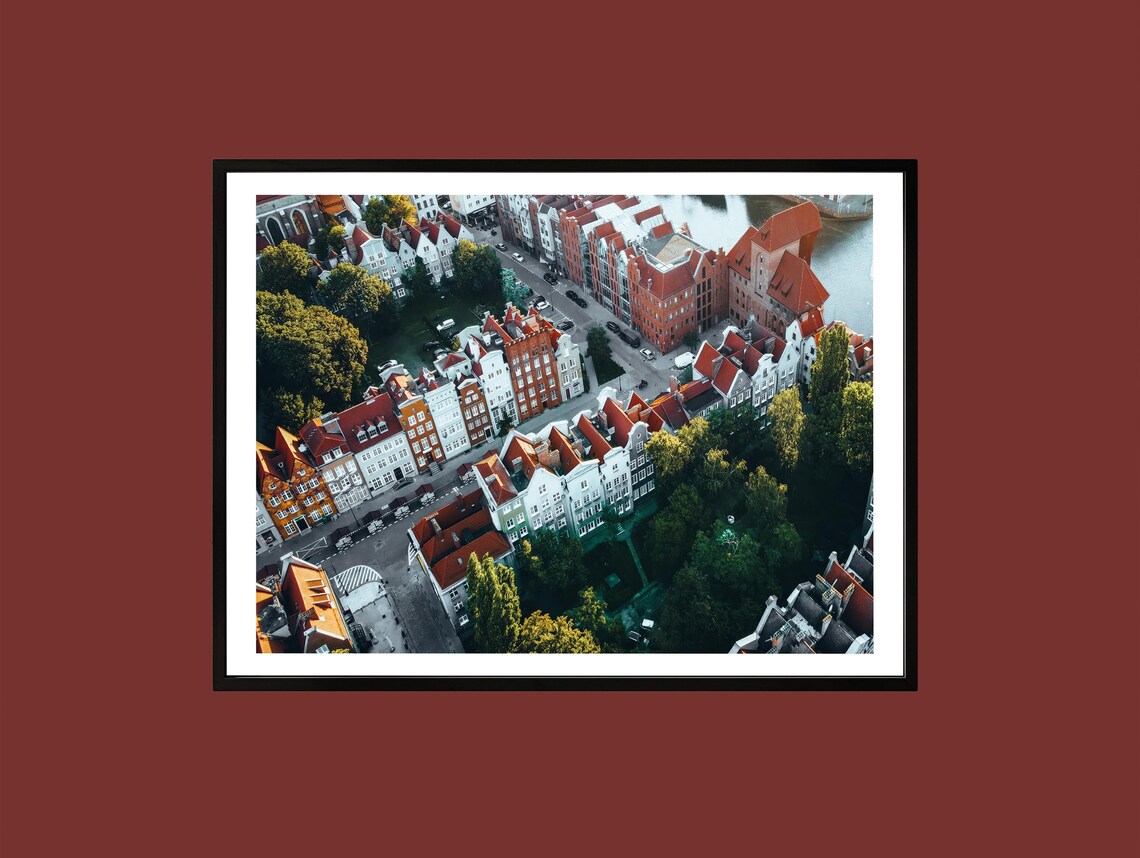 Gdansk Poland Aerial View of Old Town Red Roofs Riverfront Print