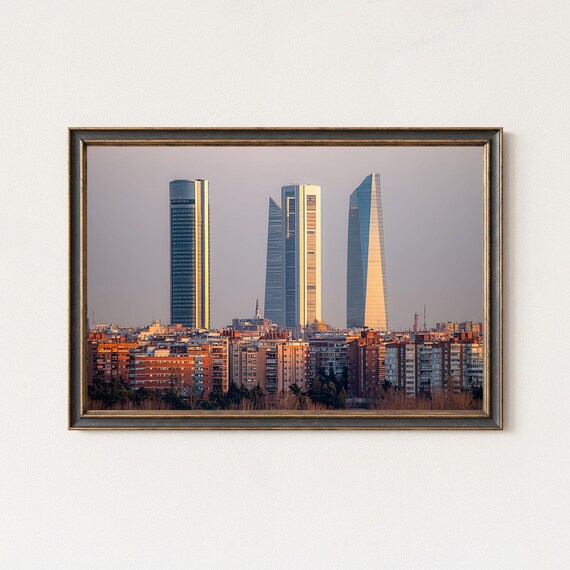 Madrid Four Towers Skyline Wall Art Modern Cityscape Print Sunset Architecture Decor