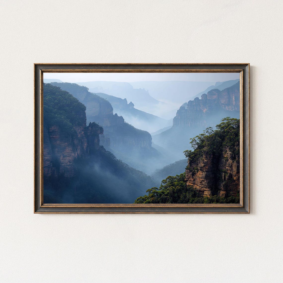 Misty Blue Canyon Valley Foggy Cliffs Framed Landscape Wall Art