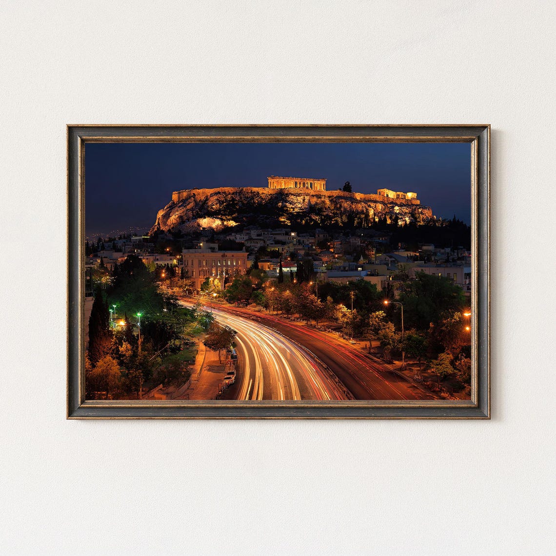 Athens Acropolis Night Illuminated Ancient Ruins Light Trails Poster