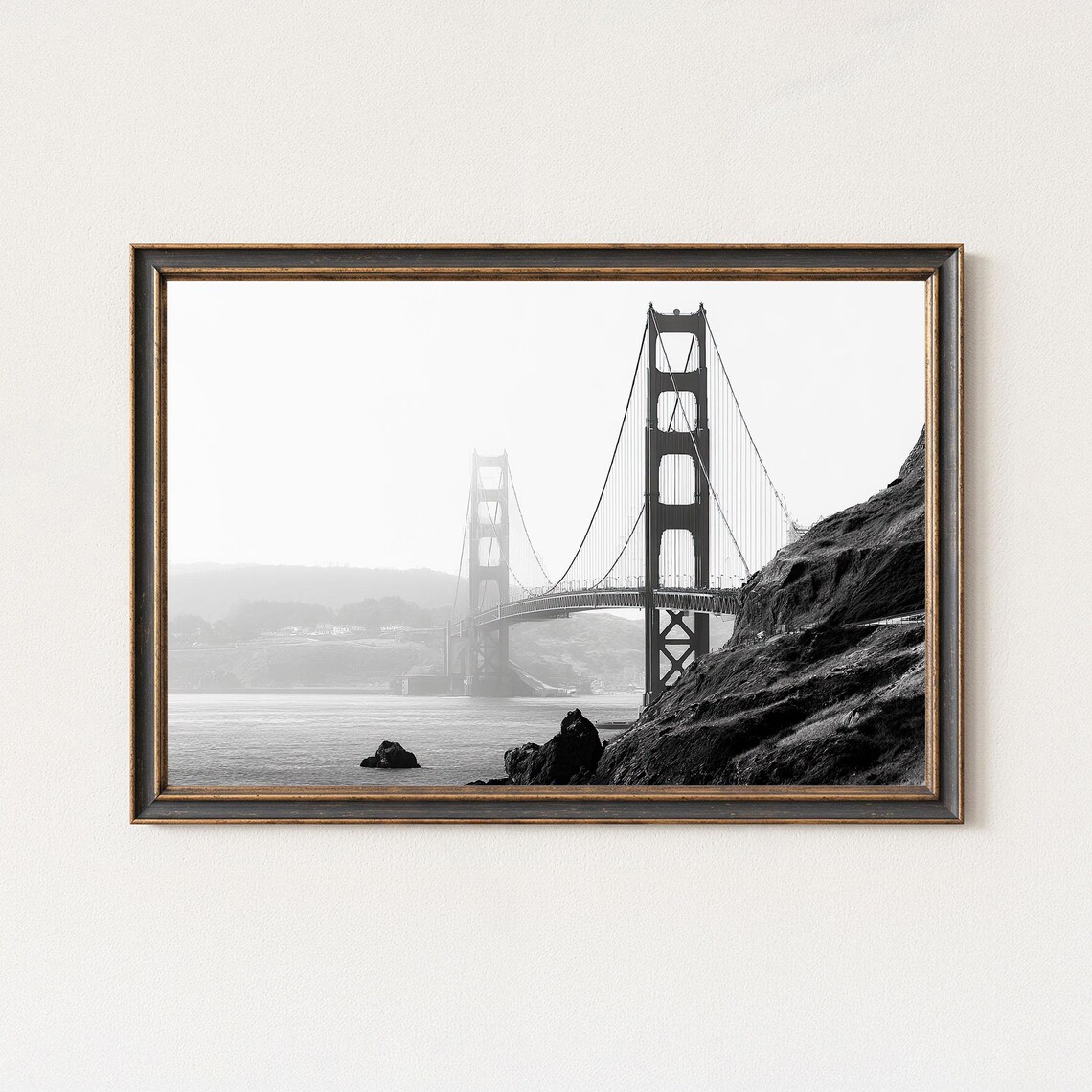 Golden Gate Bridge in Fog Black and White Coastal Landmark Poster