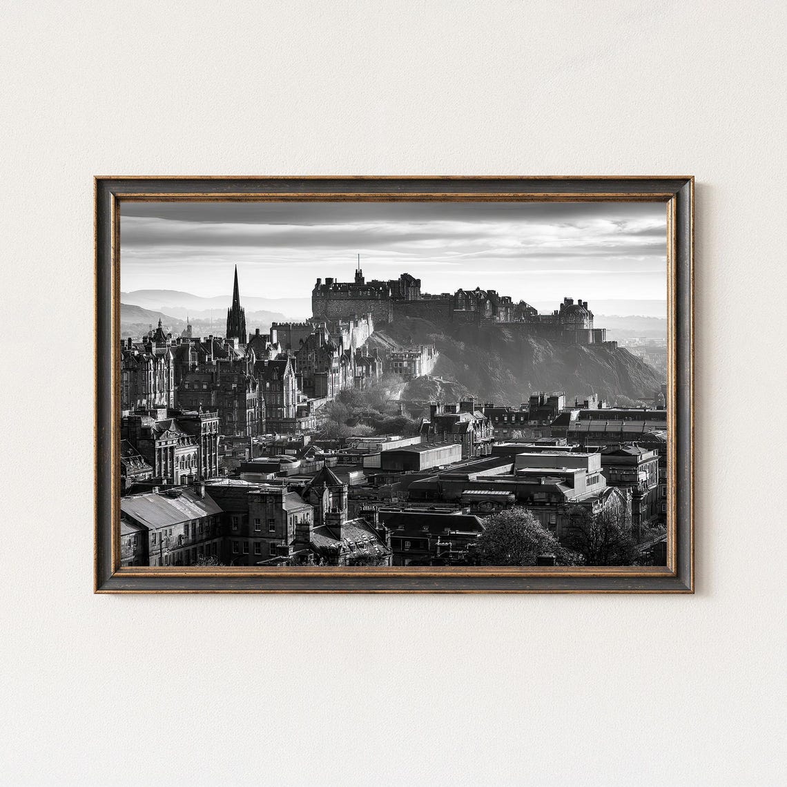 Edinburgh Old Town Skyline Black White Panoramic City Photo Poster