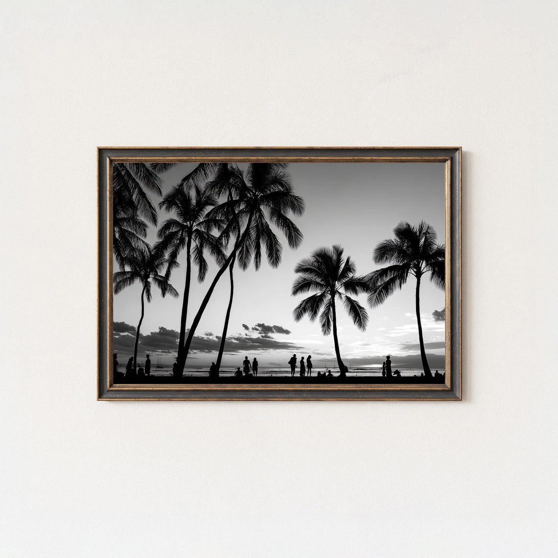 Waikiki Palm Trees Black And White Beach Sunset Photography Poster