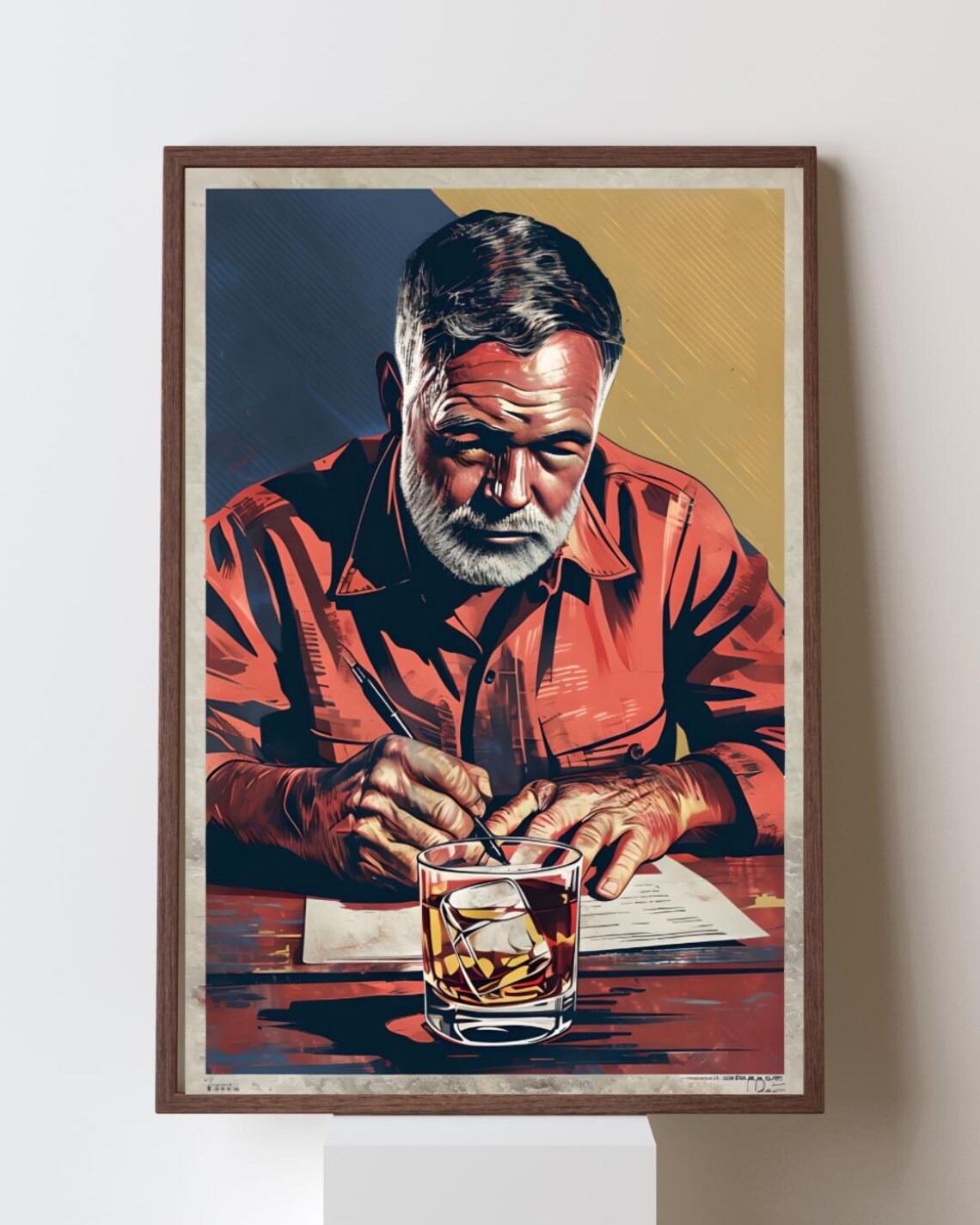Ernest Hemingway Writing at His Desk with a Whiskey Glass Pop Art Poster