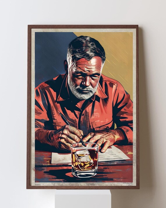 Ernest Hemingway Writing at His Desk with a Whiskey Glass Pop Art Poster