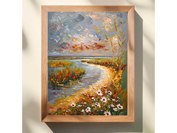 Autumn Marsh River Daisies Earthy Impasto Nature Landscape Poster