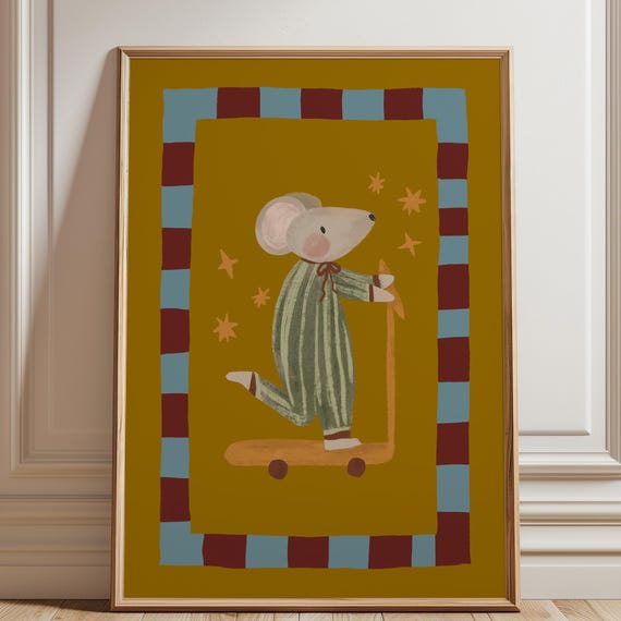 Mouse Scooter Print Retro Nursery Wall Art New Baby Room Minimalist Toddler Rom Whimsical Animal For Kids
