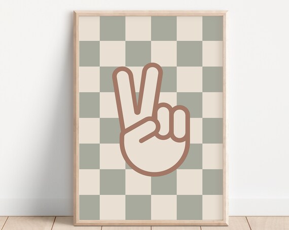 Checkerboard Peace Hand Sign Sage Green Nursery Decor Poster