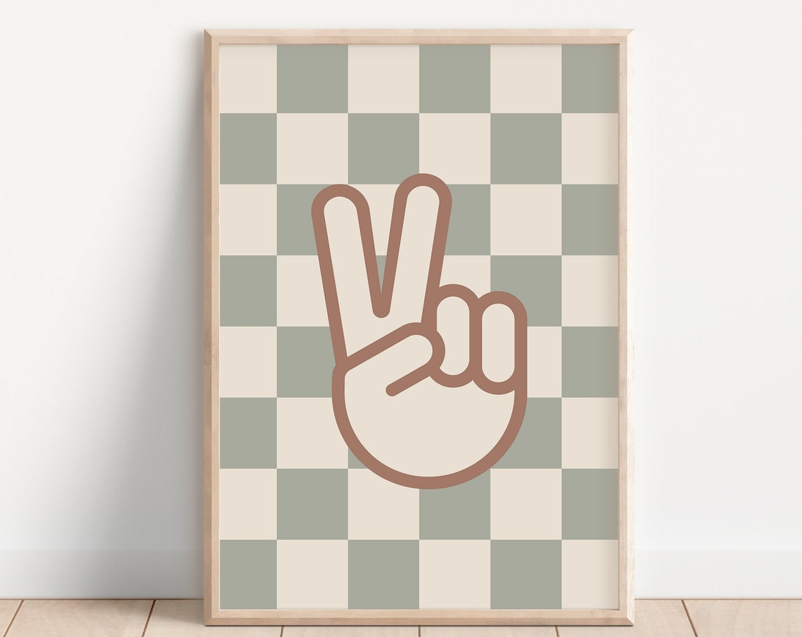 Checkerboard Peace Hand Sign Sage Green Nursery Decor Poster
