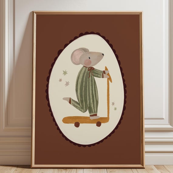 Mouse Scooter Print Retro Nursery Wall Art New Baby Room Minimalist Toddler Rom Whimsical Animal For Kids