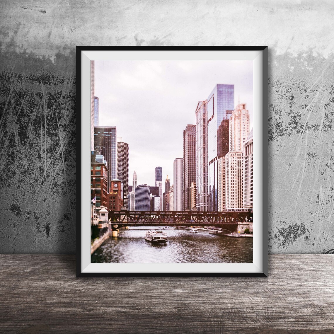 Chicago River Skyline Travel Poster, City Photography