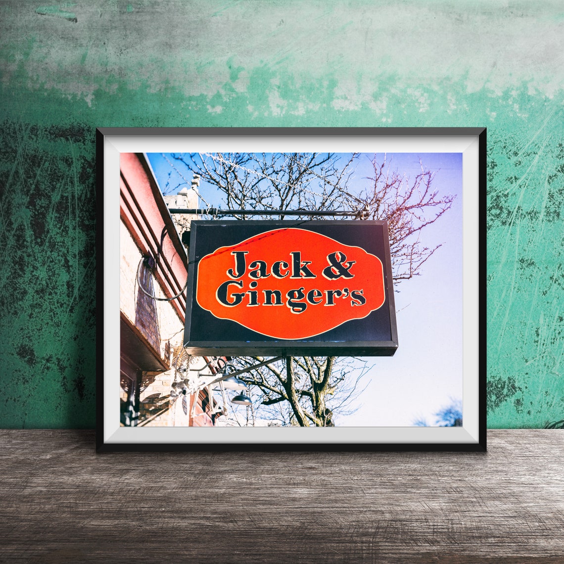 Jack and Gingers Hanging Storefront Sign Blue Sky Photography Poster