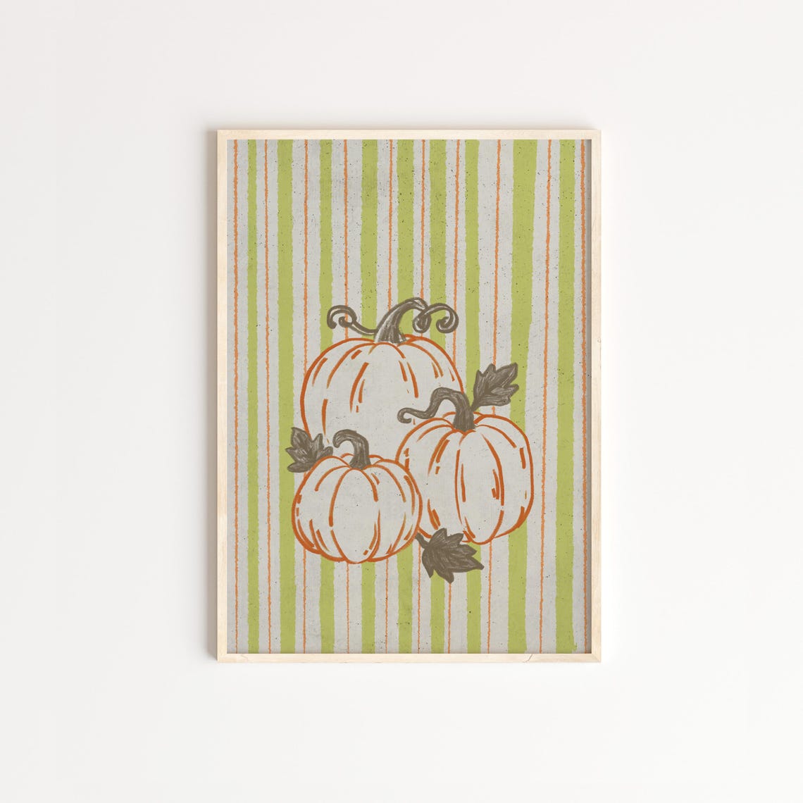 Autumn Pumpkin Poster Handdrawn Harvest Print With Green Stripes Kitchen Wall Art