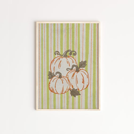 Autumn Pumpkin Poster Handdrawn Harvest Print With Green Stripes Kitchen Wall Art