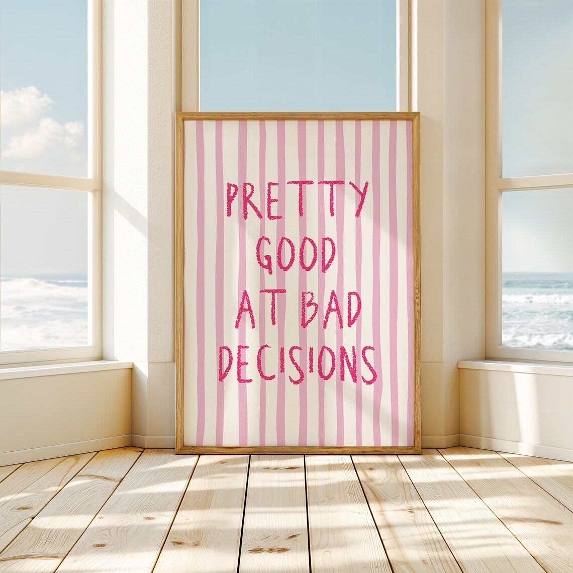 Pretty Good At Bad Decisions Hot Pink Striped Funny Quote Poster - Image 3