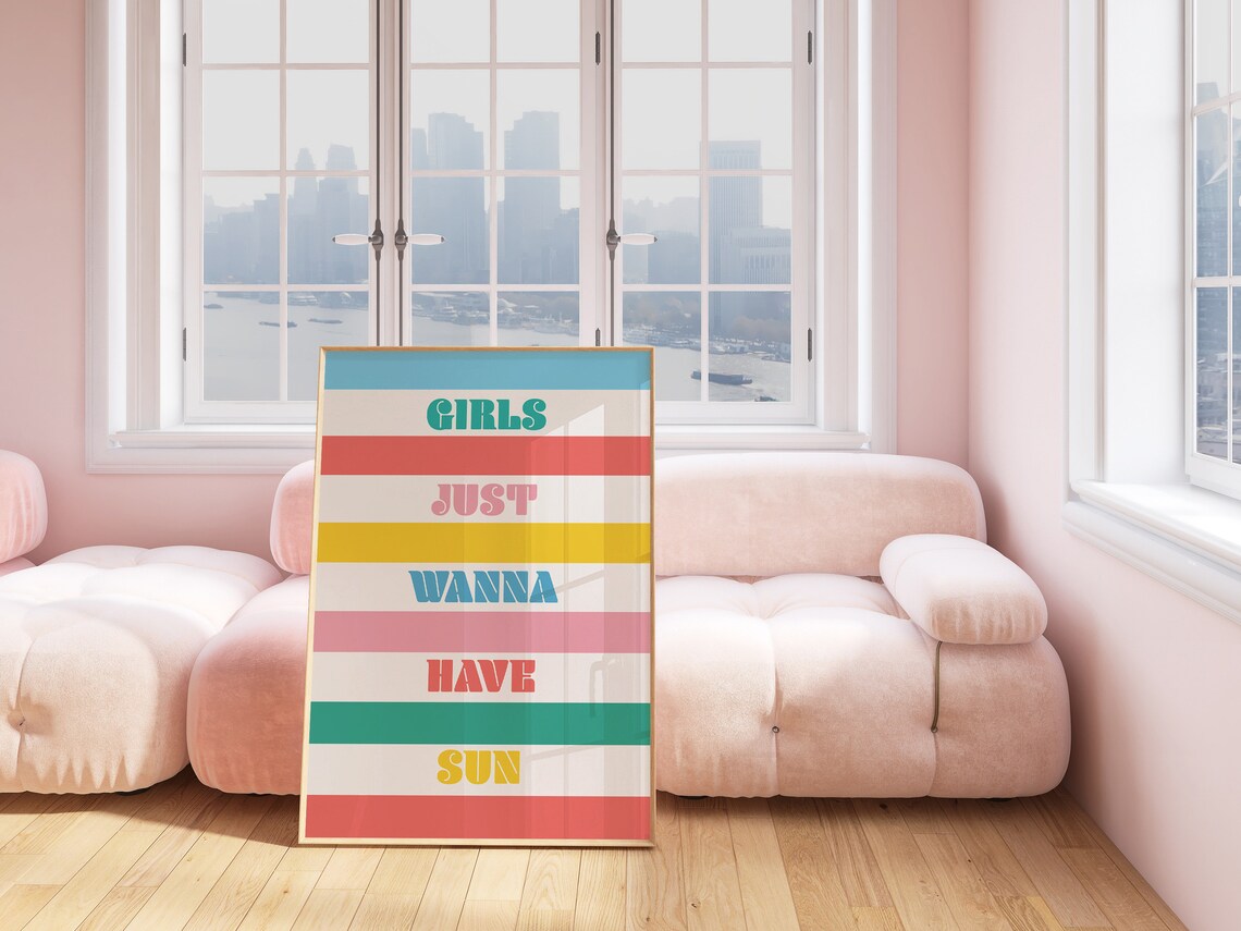 Girls Just Wanna Have Sun Colorful Striped Summer Quote Poster - Image 3
