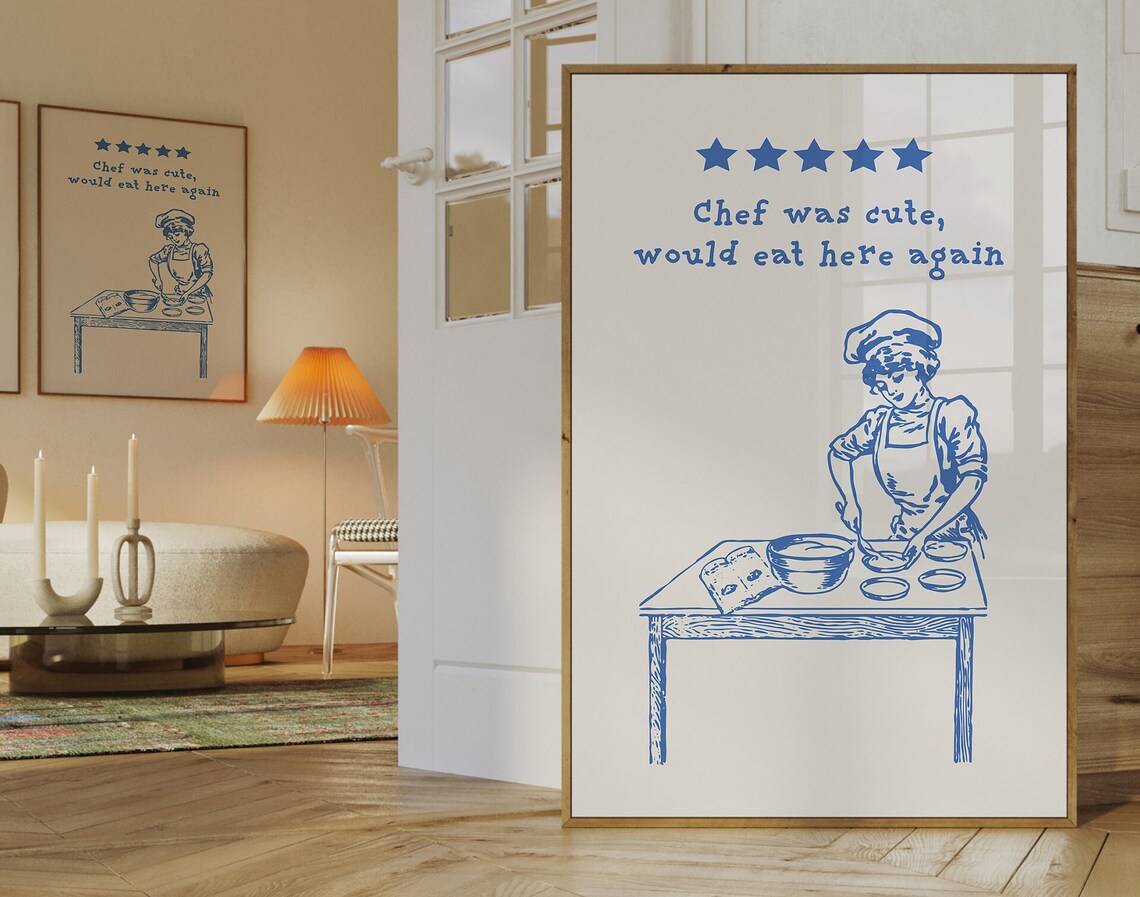 Review Chef Was Cute Would Eat Here Again Print Positive Poster Red Retro Style Wall Art Hand Drawn Typography Trendy Horizontal - Image 3
