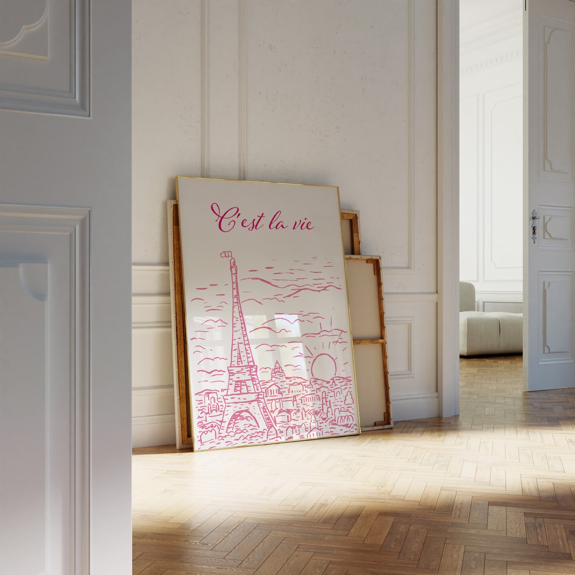 Cest la Vie Paris Eiffel Tower Pink Sunrise Line Drawing Poster - Image 2