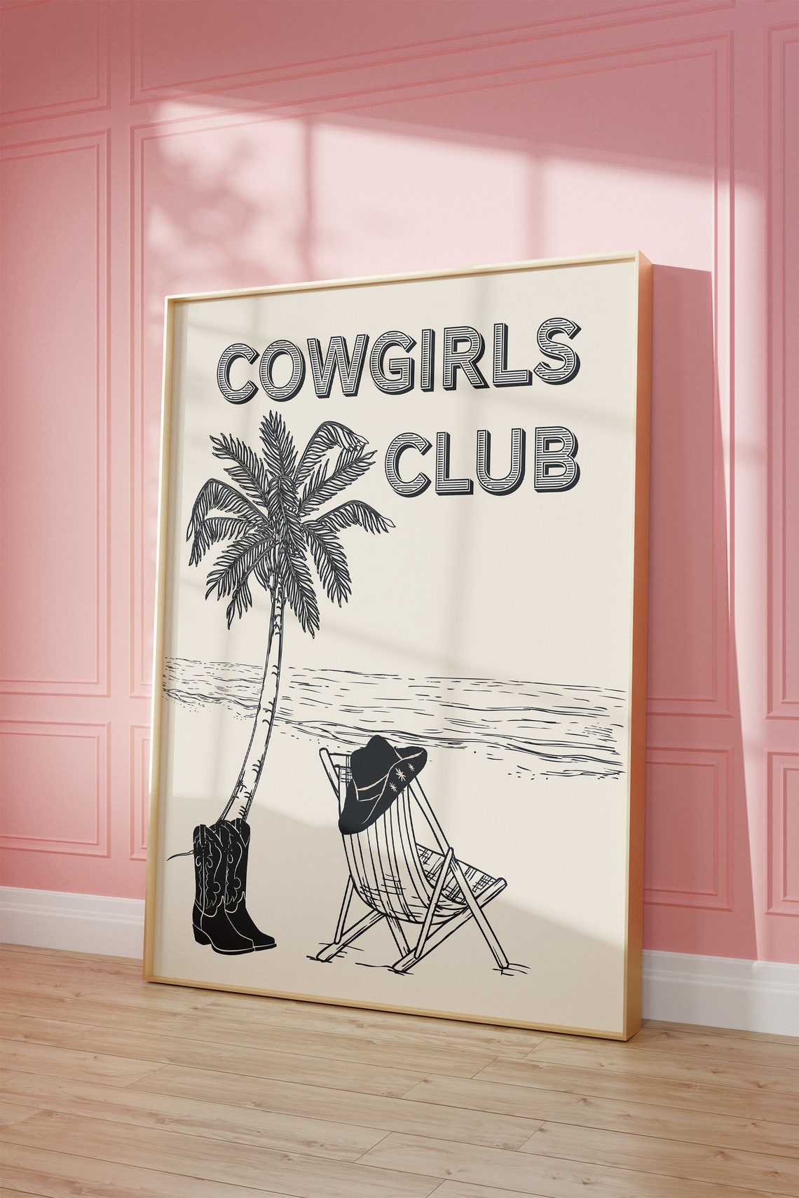 Cowgirls Club Palm Tree Beach Chair Boots Line Drawing Poster - Image 3