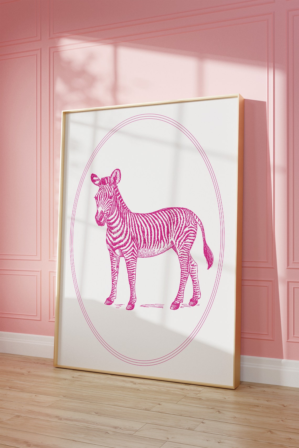 Pink Line Art Zebra Standing in Oval Frame Minimalist Art Poster