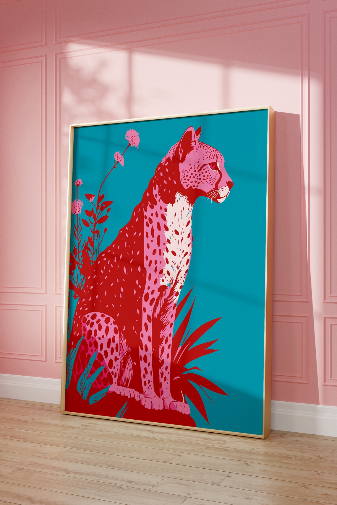 Red Pink Cheetah On Teal Bold Modern Big Cat Wildlife Poster - Image 3