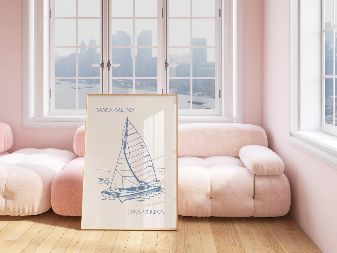 More Sailing Less Stress Blue Sailboat Line Drawing Quote Poster - Image 3