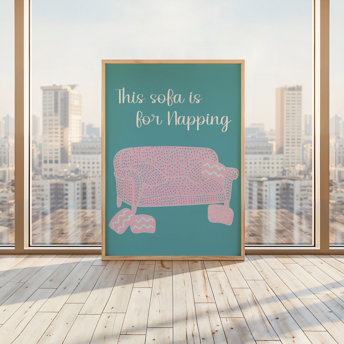 This Sofa Is For Napping Pink Teal Cozy Illustrated Sofa Wall Art - Image 3