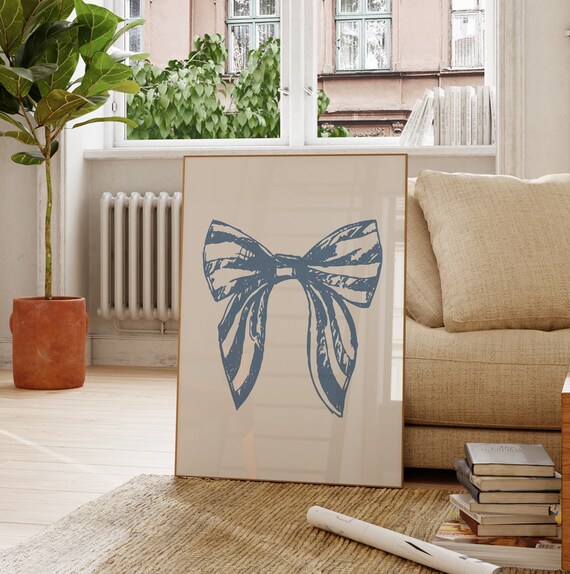 Blue Hand Drawn Hair Bow Coquette Style Cream Decor Art Poster