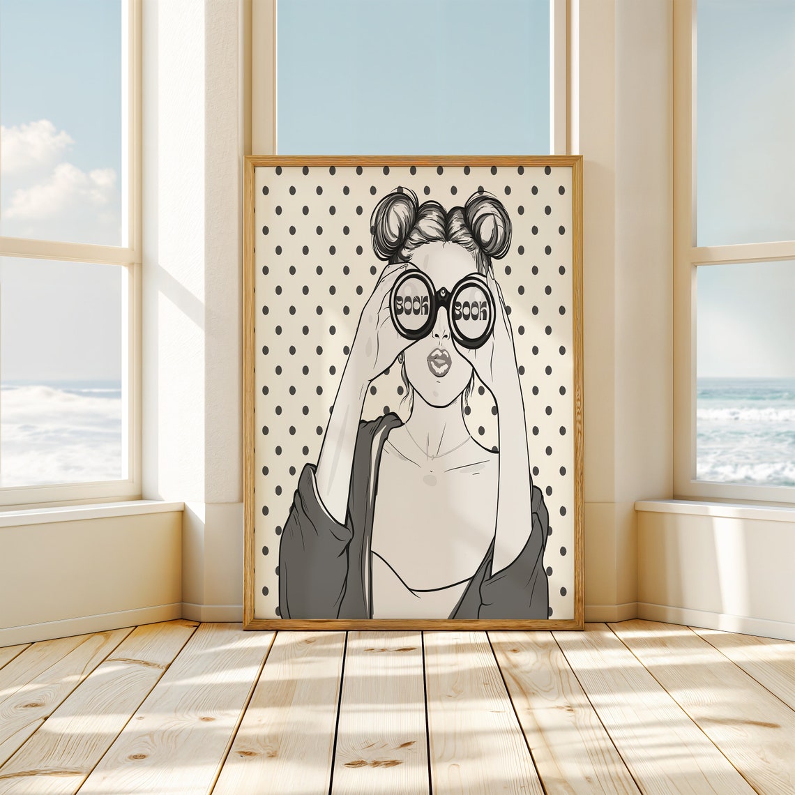 Book Lover Black And White Woman Binoculars Polka Dot Poster - Image 3