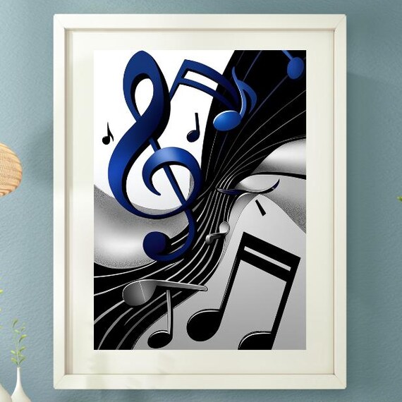 Modern Abstract Music Notes Poster Midcentury Wall Art Bold Geometric Shapes And Musical Symbols Blue Silver Artwork Jazzinspired Decor
