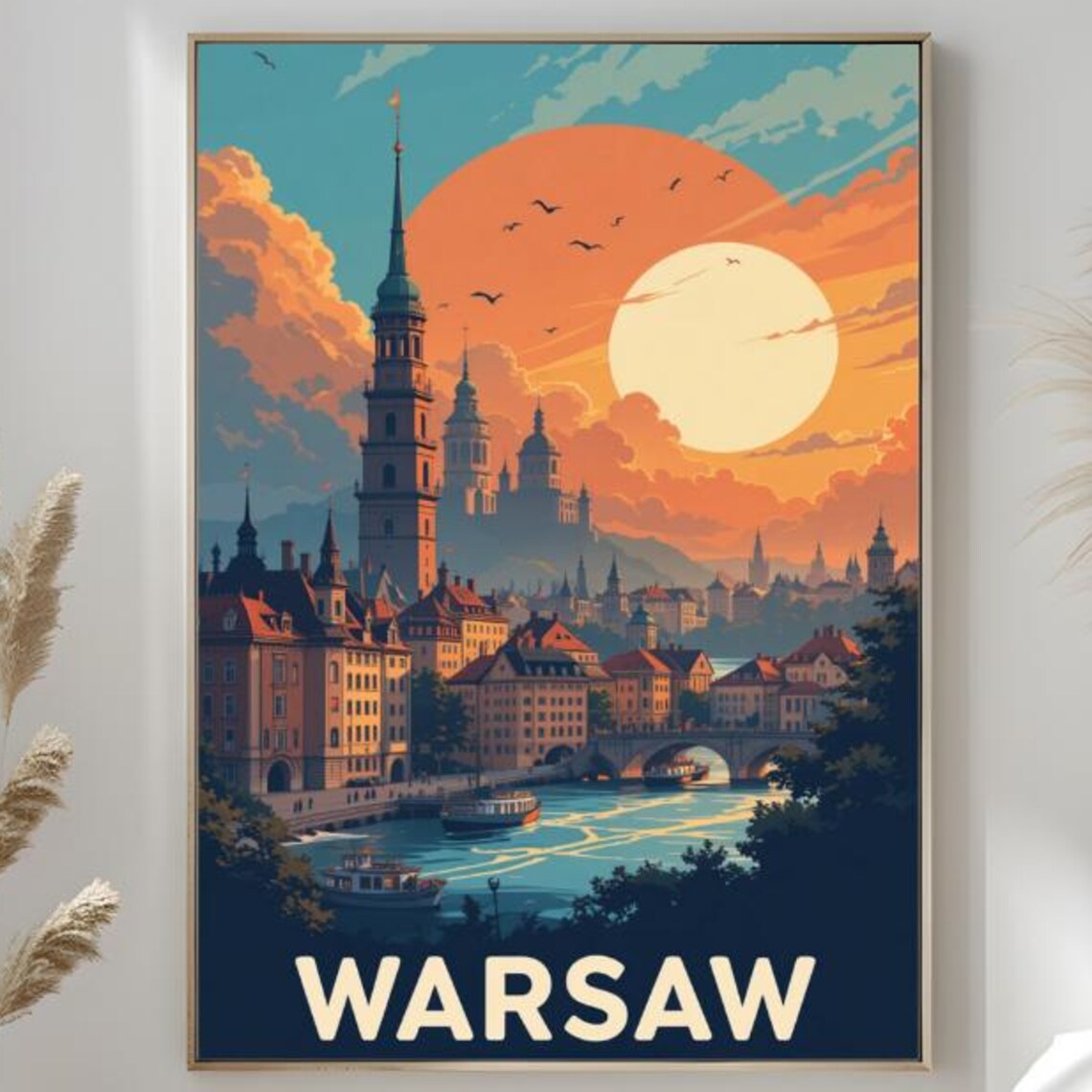 Warsaw Poland Vistula Sunset Old Town Skyline Retro Travel Poster