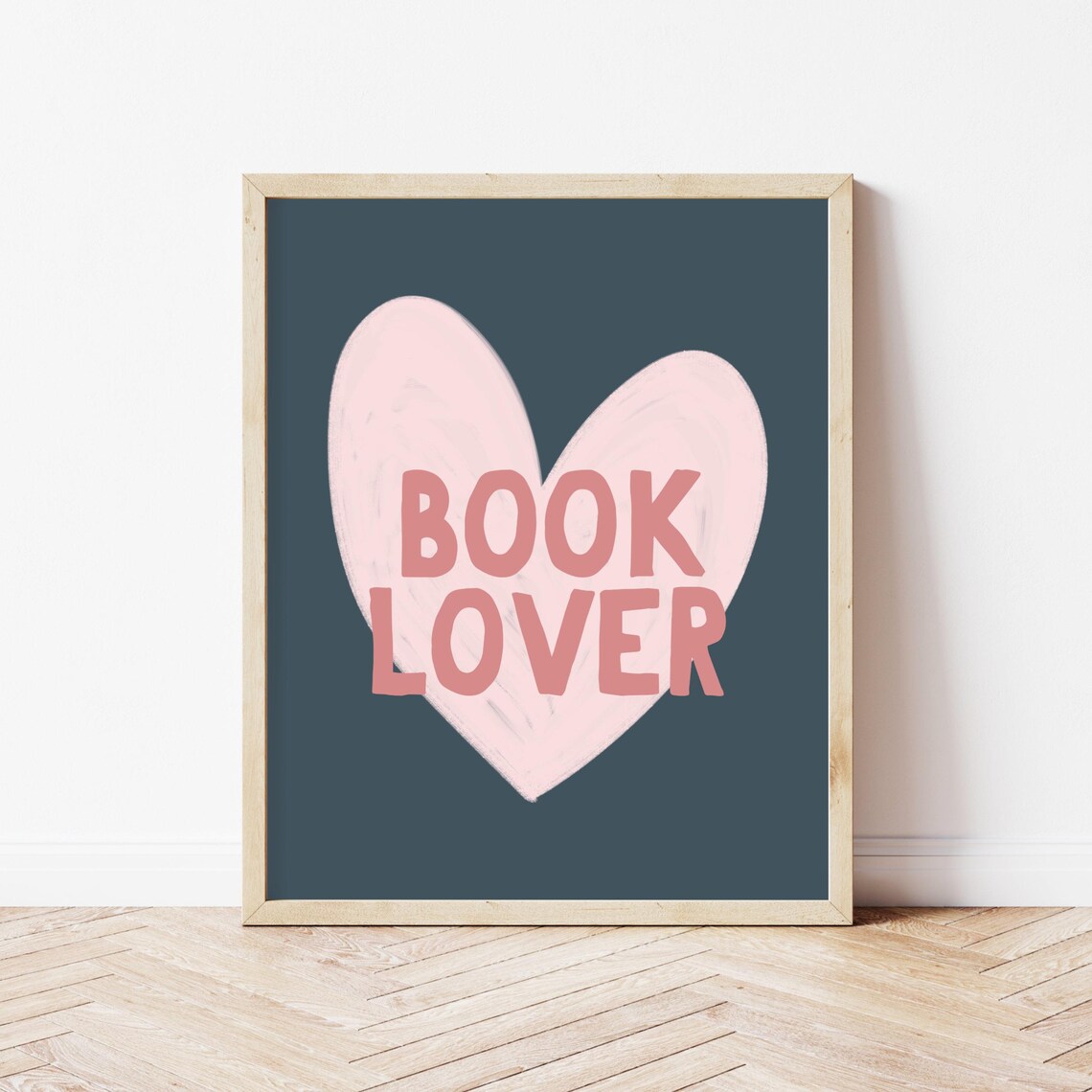 Book Lover Big Pink Heart on Deep Navy Modern Quote Wall Art - Image 2