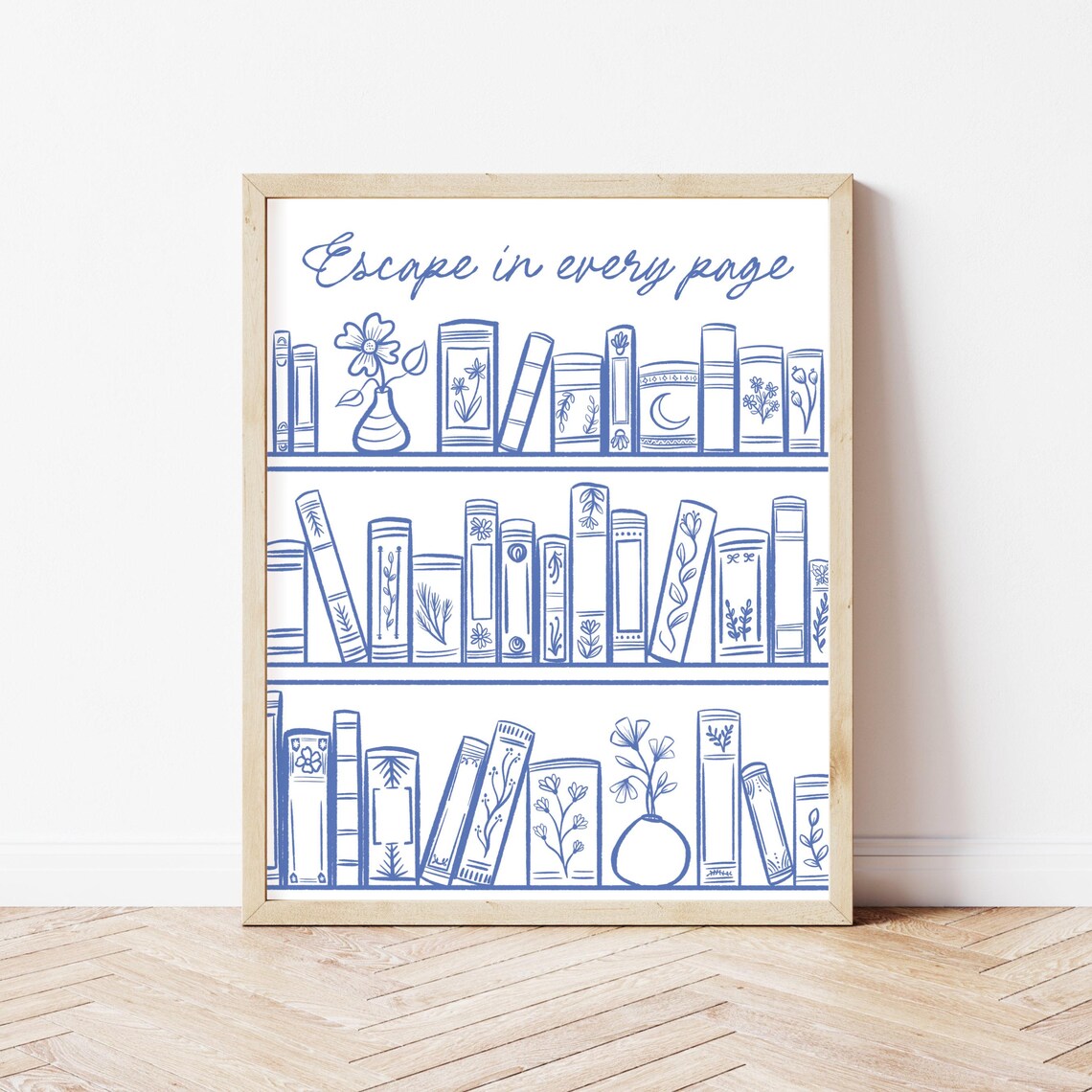 Escape in Every Page Blue Bookshelf Library Line Art Wall Poster - Image 3