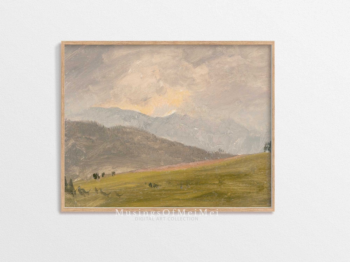 Vintage Summer Meadow Mountain Landscape Oil Painting Poster