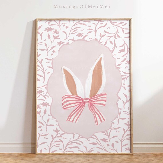 Soft Pastel Bunny Ears Print For Nursery Decor Vintage Wall Art Pink Easter Bow Spring Poster