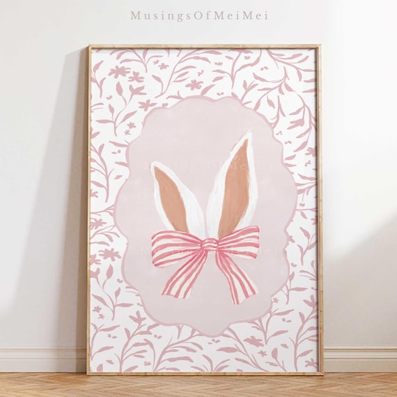 Soft Pink Bunny Ears With Striped Bow Floral Nursery Wall Art