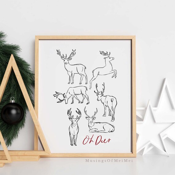 Oh Deer Six Line Drawn Stags Red Script Rustic Christmas Woodland Poster