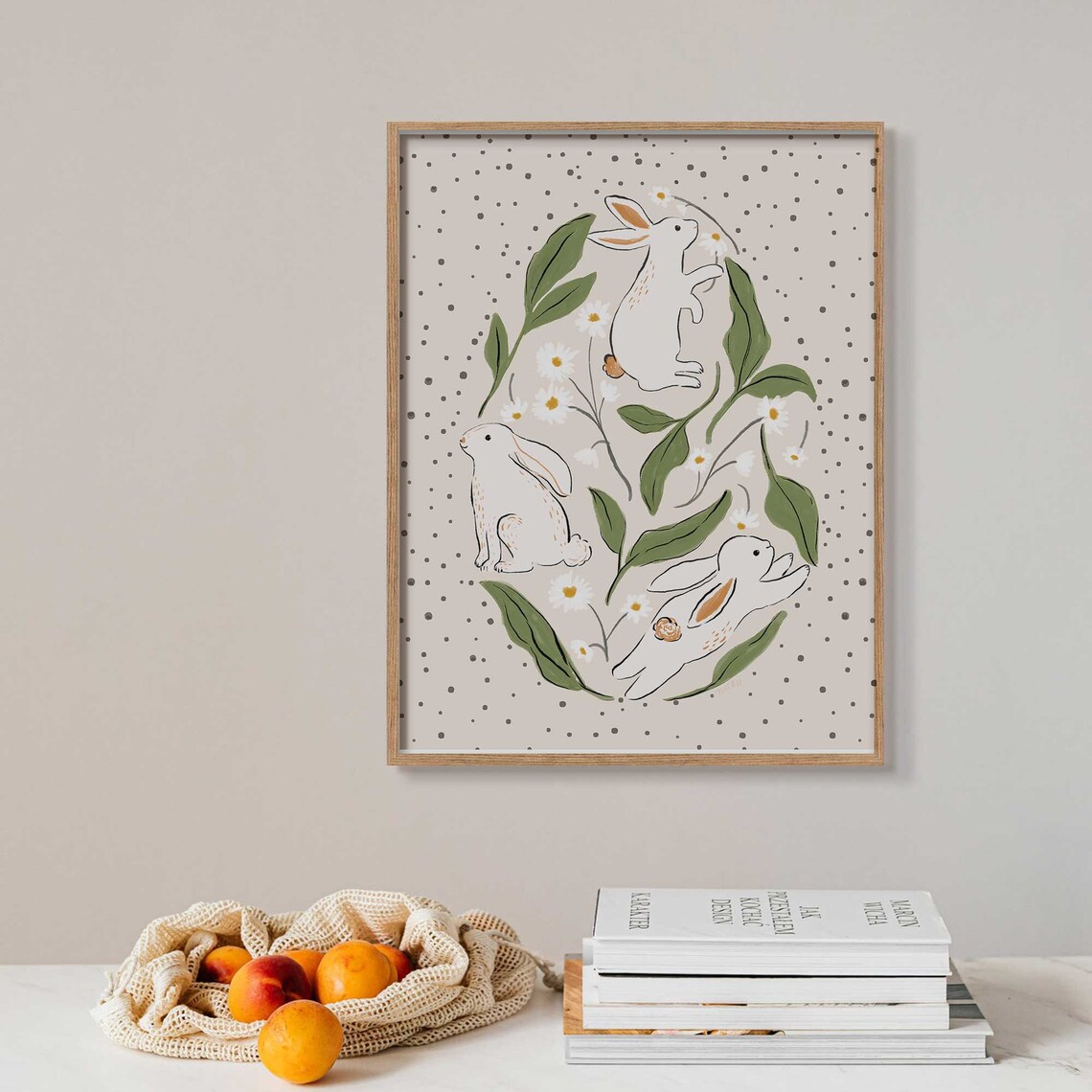 Three Playful White Bunnies with Daisies Spring Floral Easter Art Poster - Image 2