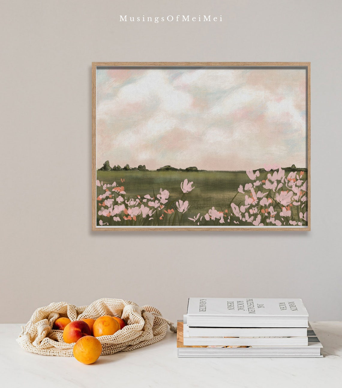 Pink Wildflower Meadow Pastel Landscape Cloudy Sky Floral Field Poster