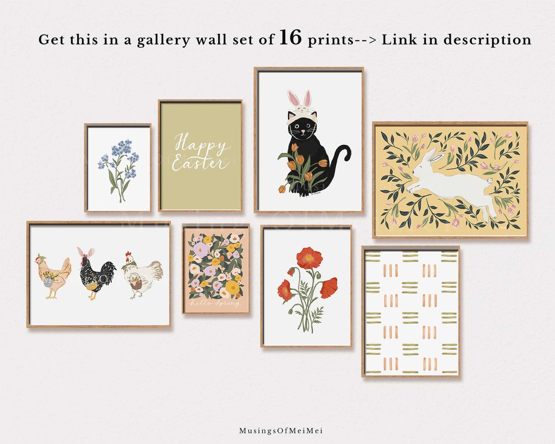 Leaping White Rabbit Among Pink Tulips Bold Mustard Floral Art Poster - Image 2