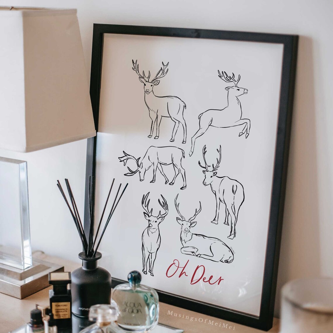 Oh Deer Six Line Drawn Stags Red Script Rustic Christmas Woodland Poster - Image 2