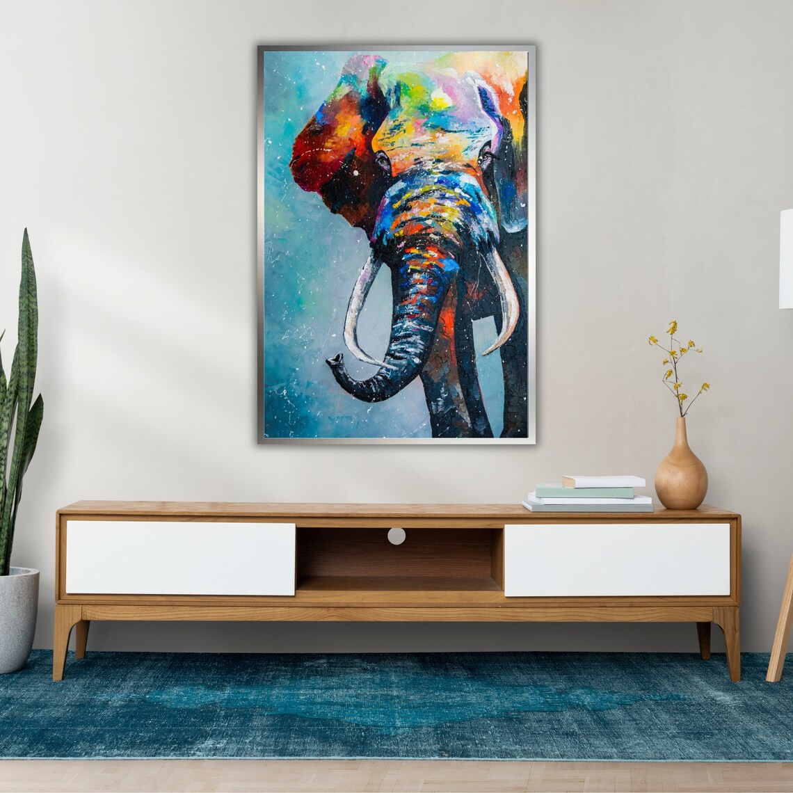 Colorful Abstract Elephant Head Vibrant Blue Multicolor Modern Animal Art Print - Image 2