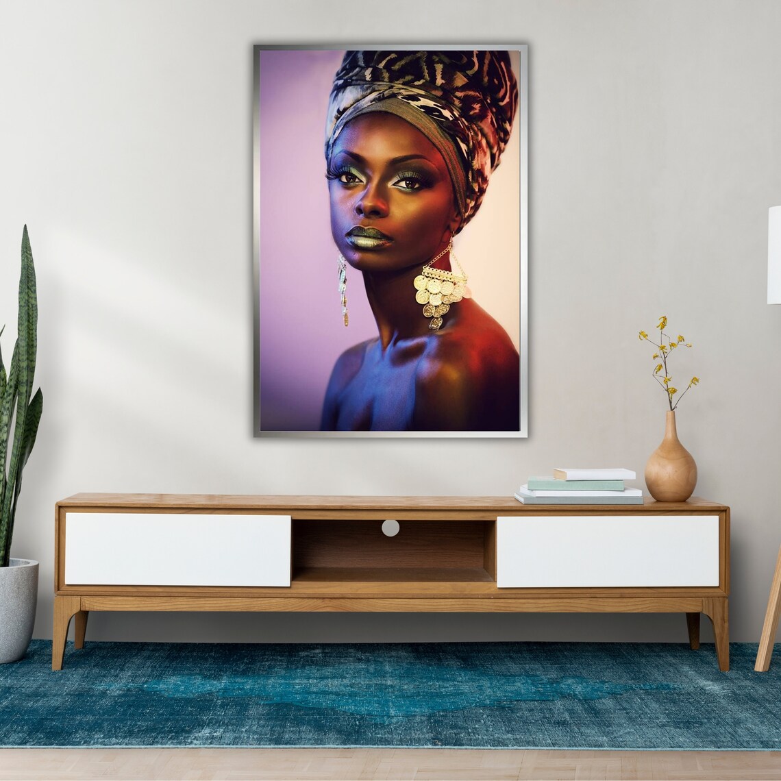 African Woman Portrait Colorful Headwrap Gold Earrings Dramatic Art Print Poster - Image 2