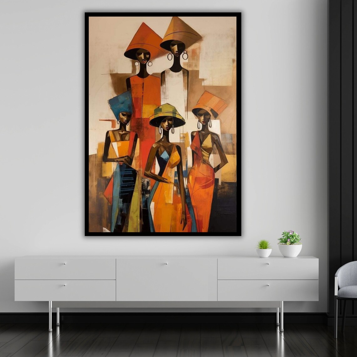 Five African Women Tall Headwraps Cubist Warm Colors Art Poster - Image 5