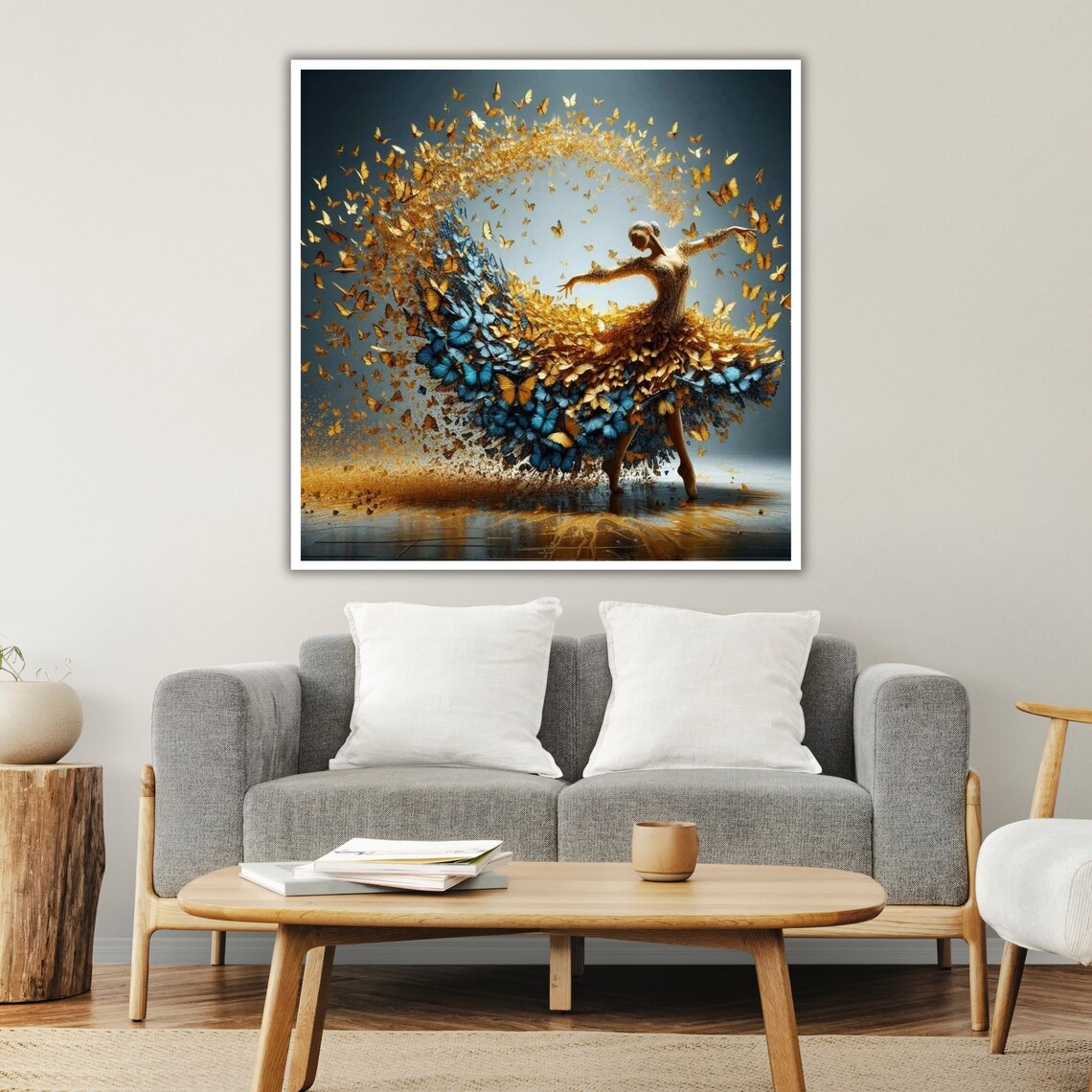 Ballerina Golden Blue Butterfly Swirl Dress Ballet Art Print - Image 3