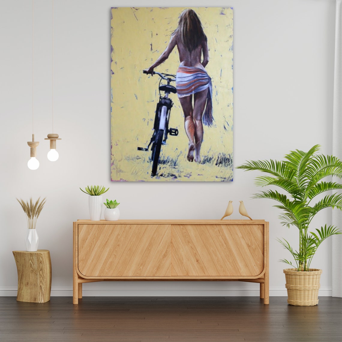 Golden Beach Day Woman Walking Bicycle In Sunlit Field Art Poster - Image 2