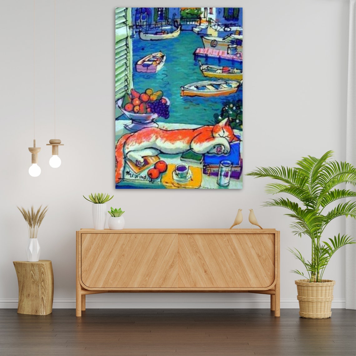 Orange Cat Sleeping Windowsill Harbor Boats Fauvist Art Print - Image 3
