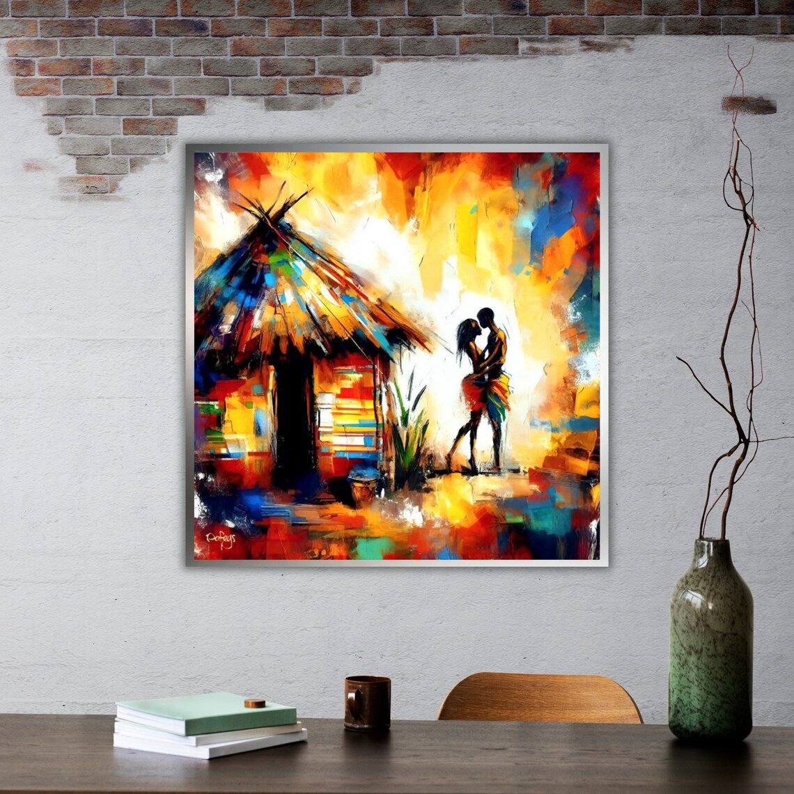 African Village Couple Embrace Colorful Hut Sunset Painting Poster - Image 2